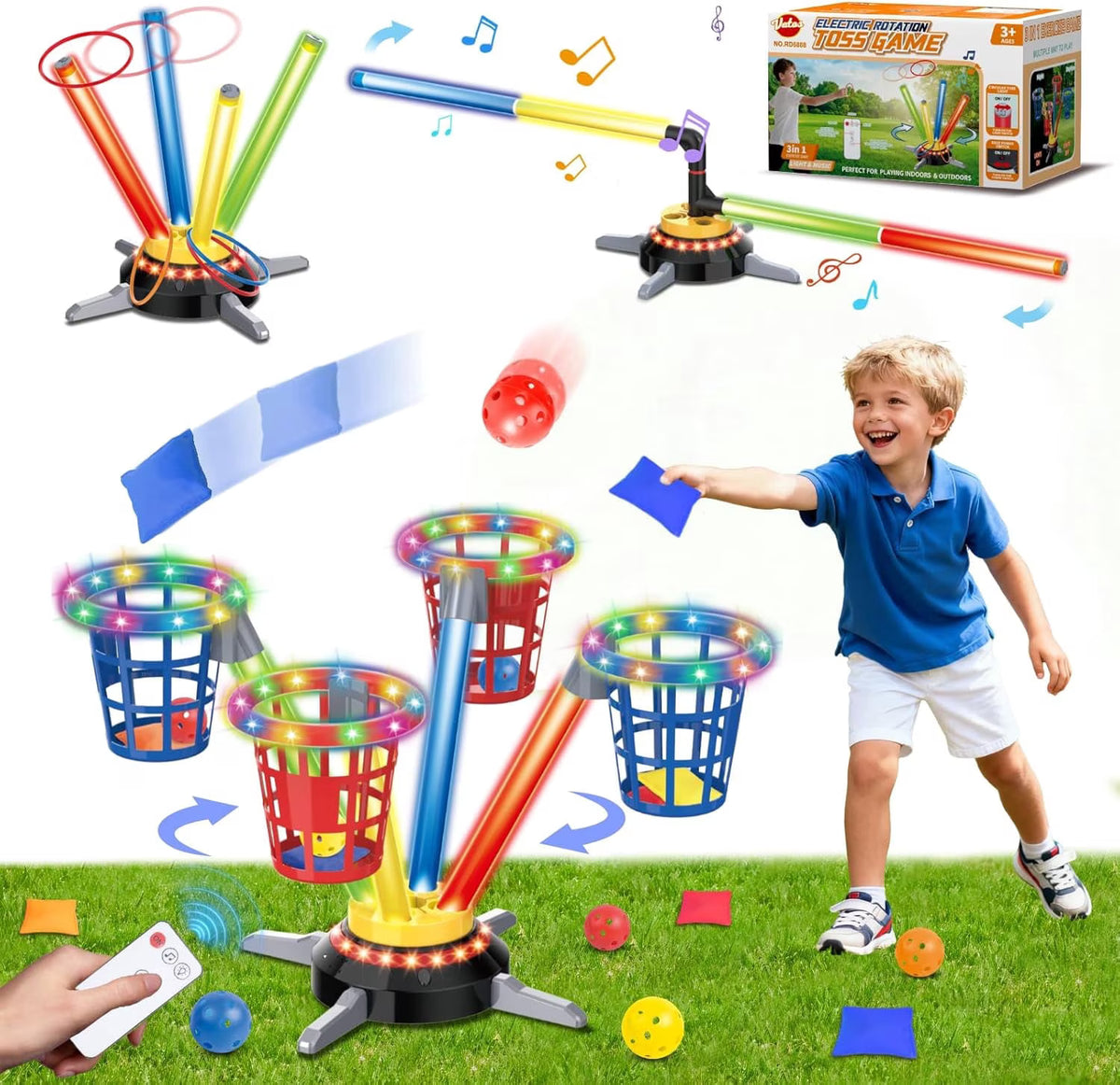 TERRAMUS 3-in-1 Bean Bag and Ring Toss Game Set, Active Motion Spinning Base Yard Sport Toy with 12 Sandbags 12 Rings 12 Balls for Kids Age 3+