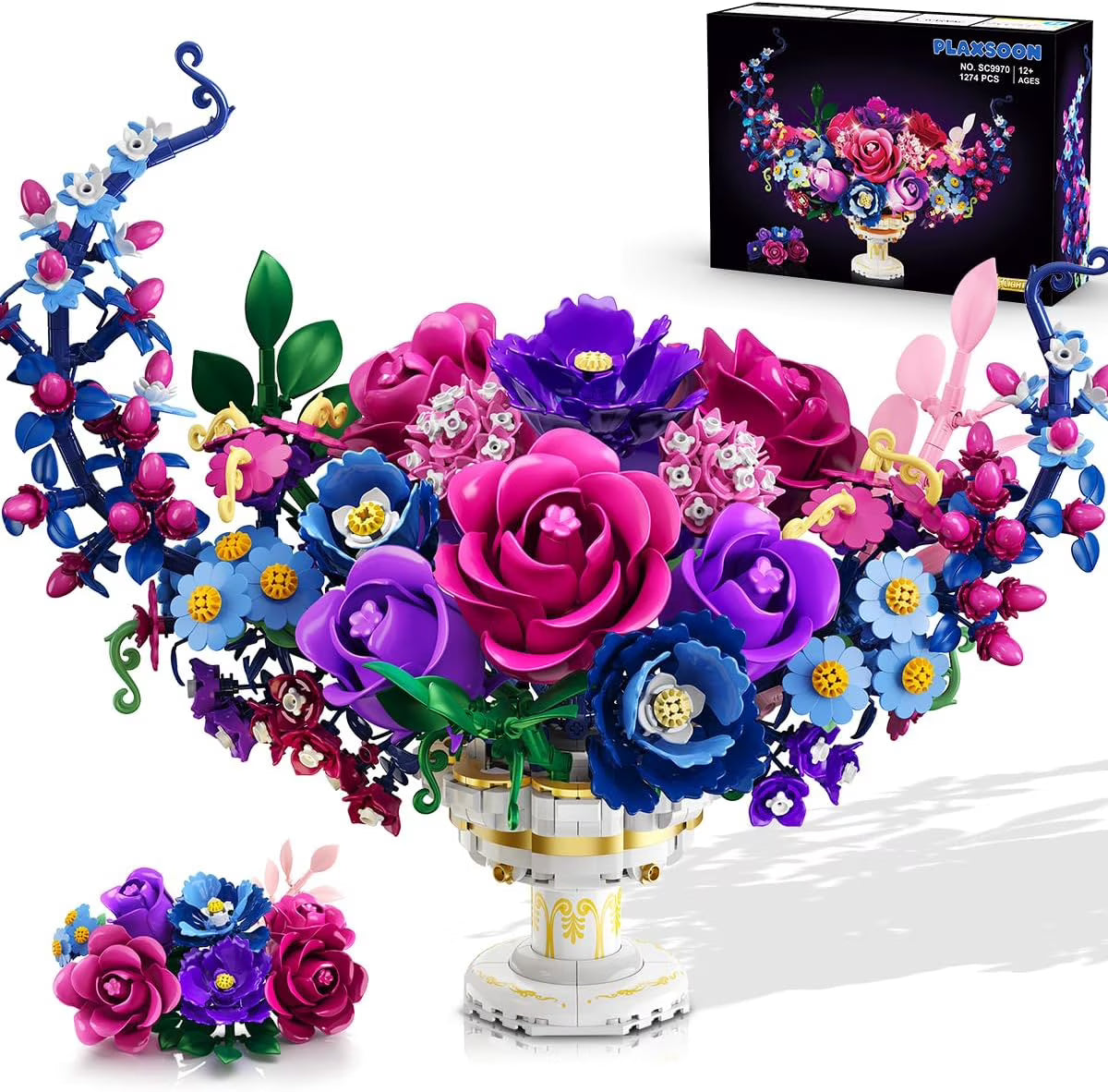 TERRAMUS Moon Flower Bouquet Building Set with LED Light, 1274 Pcs Crescent Shape Floral Building Kit, Lunar Flower Home Decor Gifts for Women Adults Ages 12+