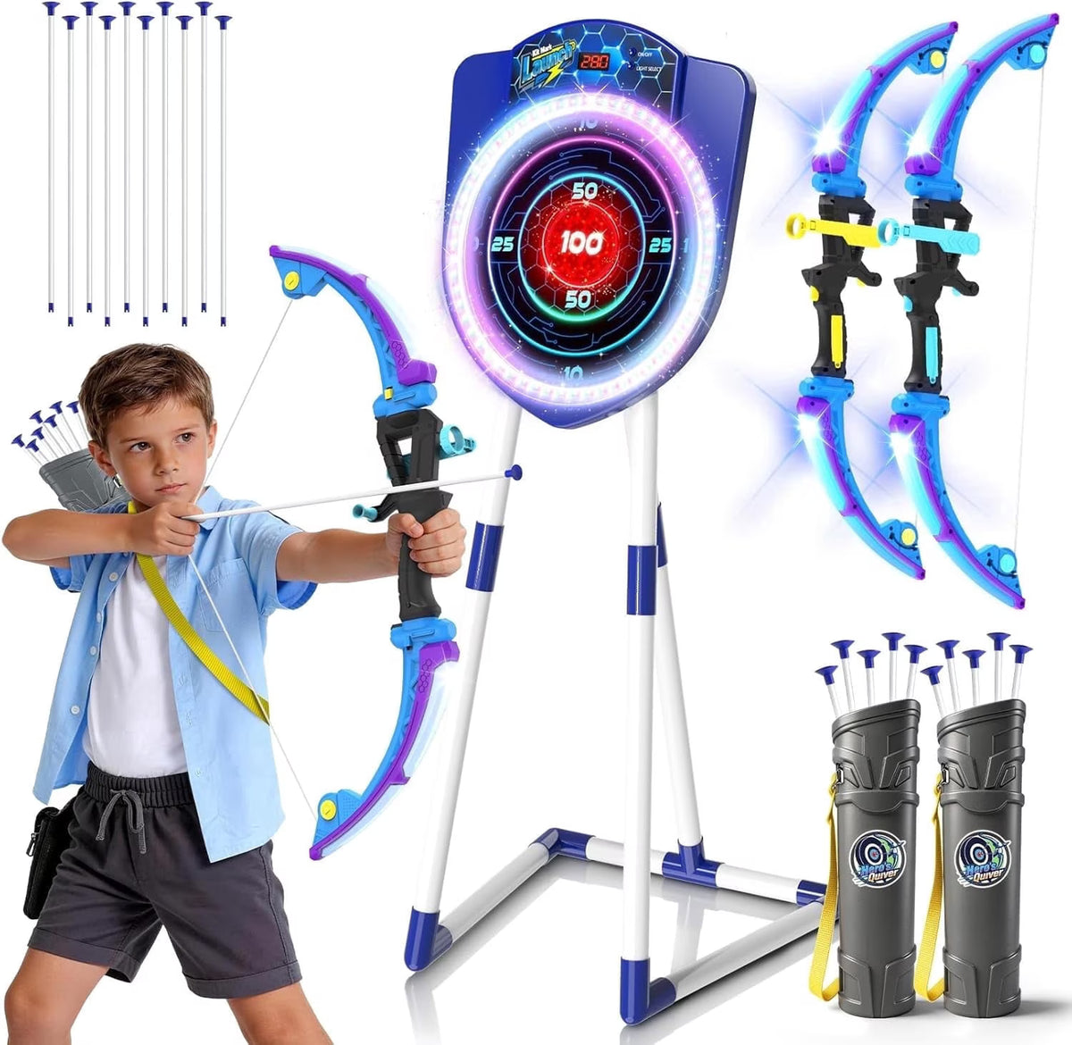 TERRAMUS 2 Pack Light Up Bow and Arrow Set for Kids with Electronic Scoring Target, 10 Suction Cup Arrows, 2 Quivers, Indoor Outdoor Target Game for Boys Girls Ages 5-12