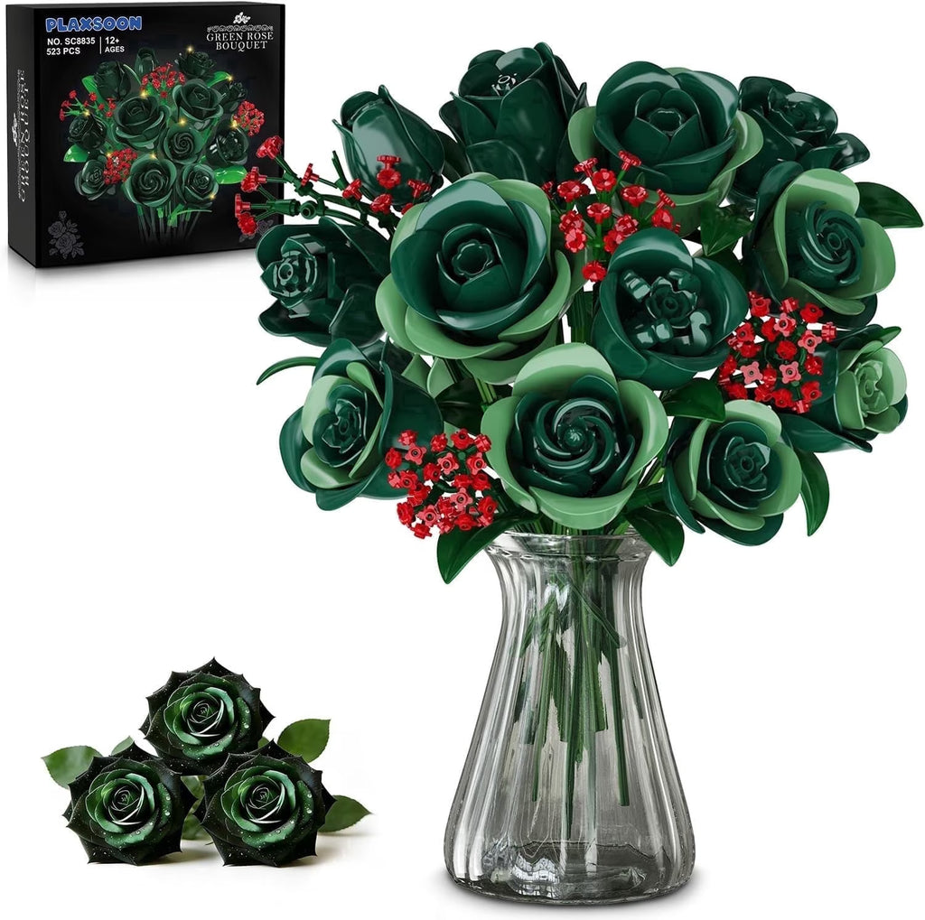 TERRAMUS Green Roses Bouquet Building Set with LED Lights,16 Roses & Red Gypsophila Artificial Flowers Botanical Collection Gift for Her Home & Office Decor (523Pcs)