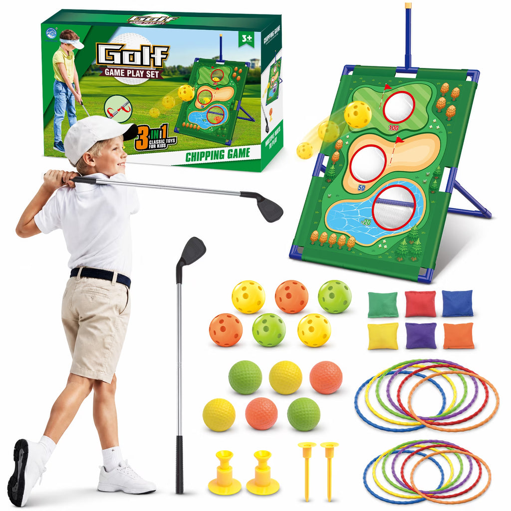 TERRAMUS 3 in 1 Kids Golf Game Set, Outdoor Indoor Golf Chipping Net with Golf Club, Bean Bags & Ring Toss, Sports Toys Gifts Boys Girls Ages 3+