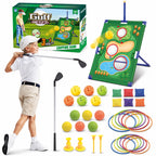 TERRAMUS 3 in 1 Kids Golf Game Set, Outdoor Indoor Golf Chipping Net with Golf Club, Bean Bags & Ring Toss, Sports Toys Gifts Boys Girls Ages 3+