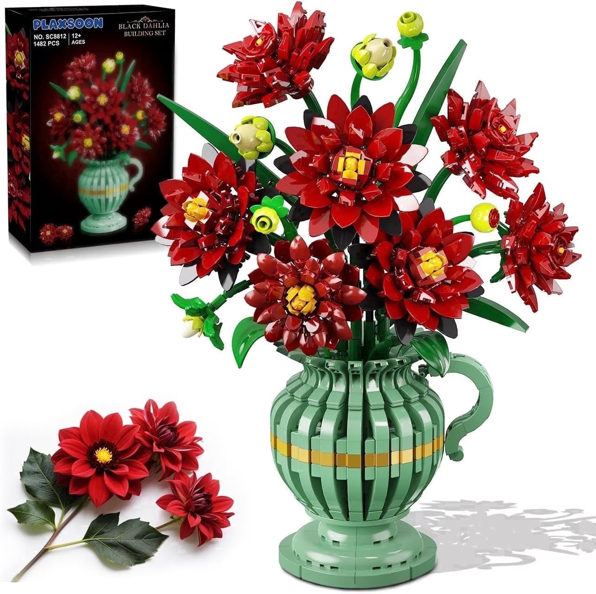 TERRAMUS Dahlia Flower Bouquet Building Set with Vase, 1482 Pcs Flower Bouquet Botanical Collection Building Block, Artificial Plant Bonsai Kit Home Decor Construction Toy for Ages 12+