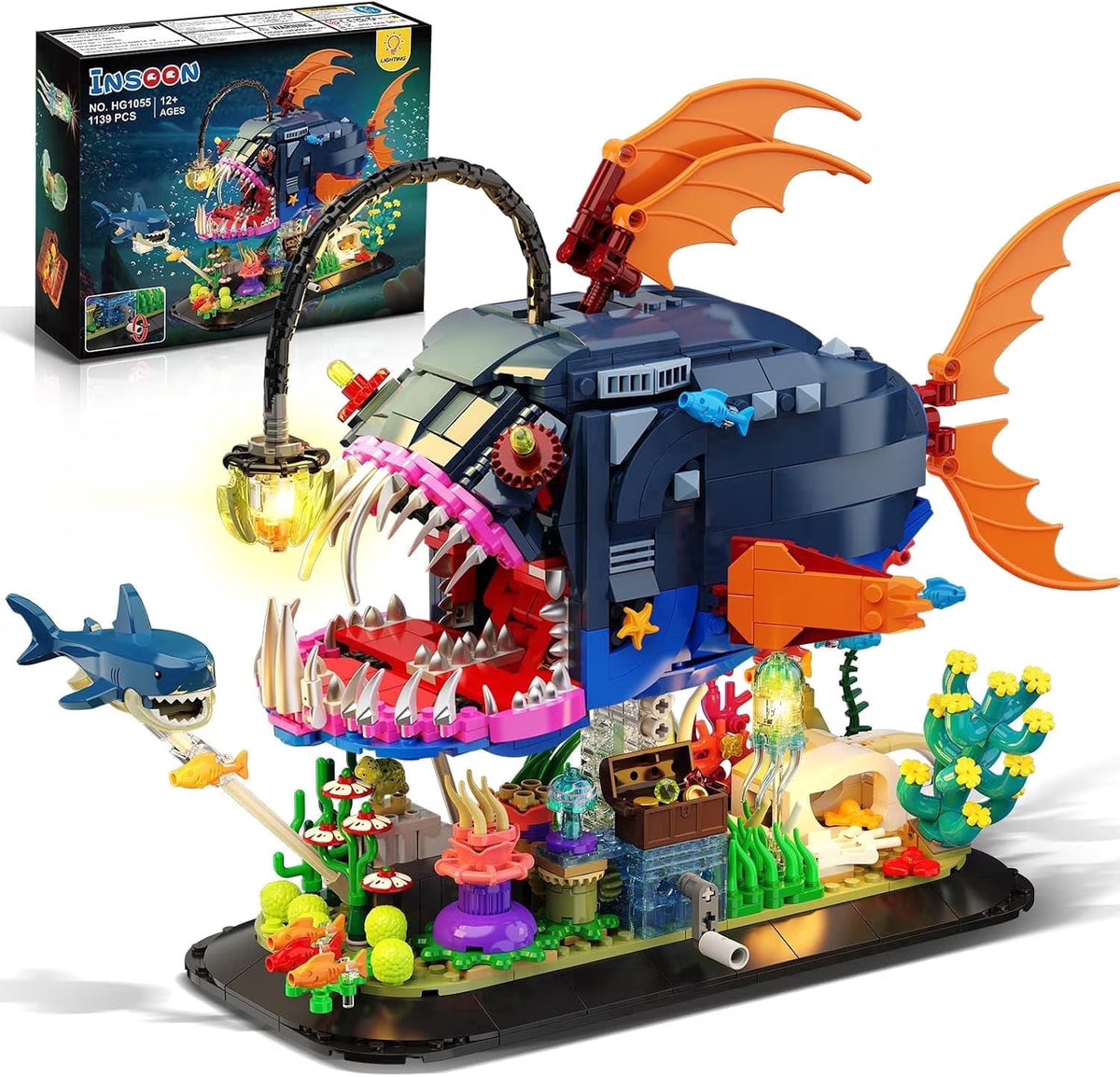 TERRAMUS Mechanical Anglerfish Building Set, 1139 Pcs Deep Sea Lantern Fish Ocean Animal Block Kit with Moving Gear Base Decor Gift Age 12+