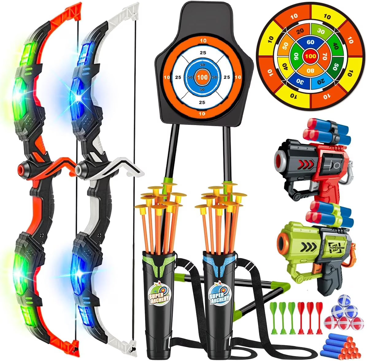 TERRAMUS Kids Archery Target Game Set, 2-Pack Luminescent Active Bows with Pneumatic Launchers Vacuum Suction Arrows Toys for Boys Girls Ages 5-11+