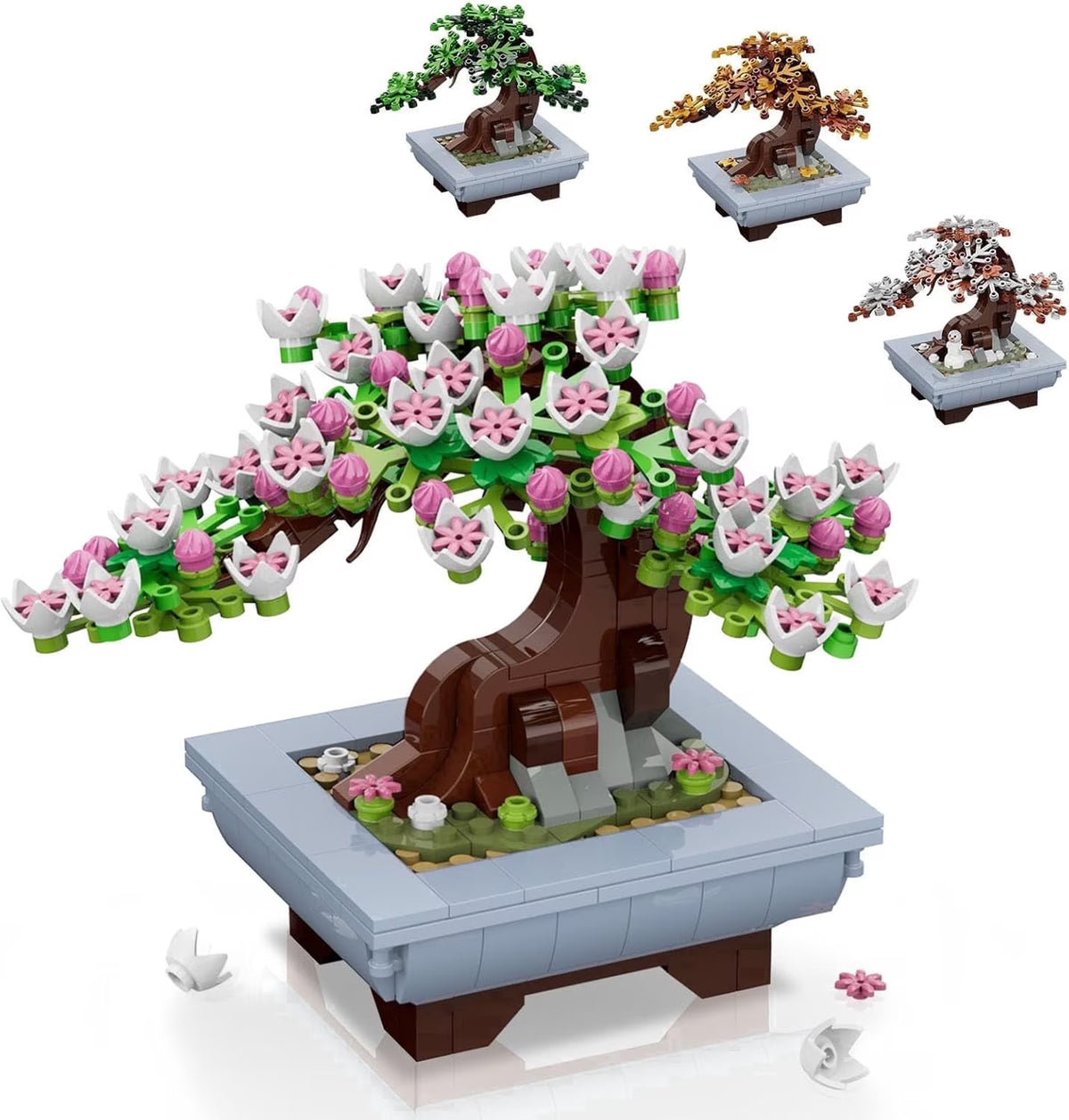 TERRAMUS 4 in 1 Four Seasons Bonsai Tree Building Set, 584 PCS Botanical Collection Cherry Blossom Brick Toy, Desk Decor Gifts Adults Kids 6+