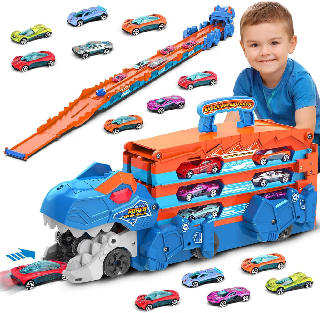 TERRAMUS Dinosaur Transport Truck Toy, 2-in-1 Folding 65-Inch Racing Track Carrier Vehicle with 8 Diecast Cars Toys for Toddlers Kids Age 3+
