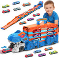 TERRAMUS Dinosaur Transport Truck Toy, 2-in-1 Folding 65-Inch Racing Track Carrier Vehicle with 8 Diecast Cars Toys for Toddlers Kids Age 3+