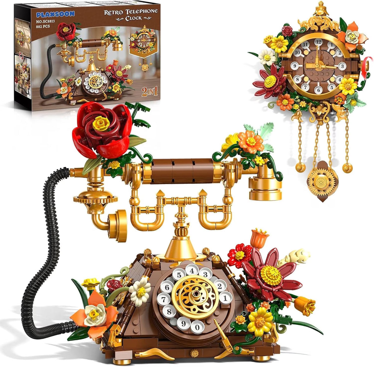 TERRAMUS Flowers Retro Telephone Clock Building Set, 2 in 1 Vintage Phone & Flower Clock Model, 882 Pcs Collectible Kit for Home Decor, Gift for Adults, Teens Age 12+
