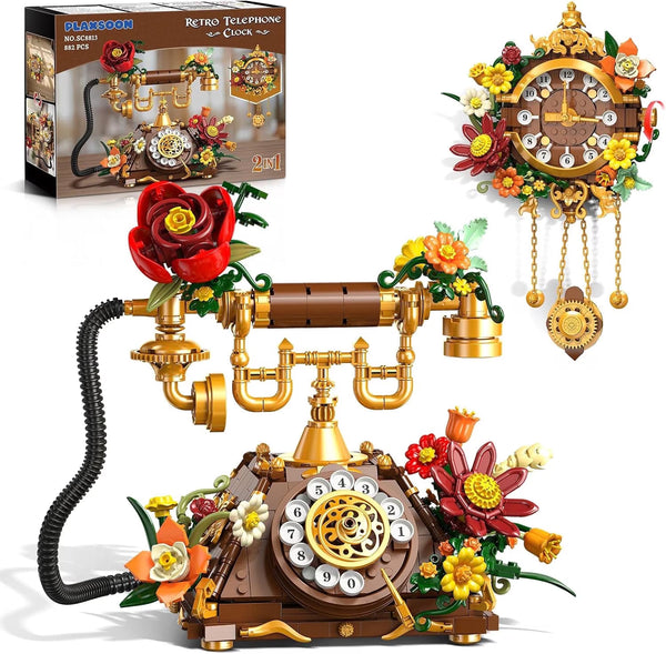 TERRAMUS Flowers Retro Telephone Clock Building Set, 2 in 1 Vintage Phone & Flower Clock Model, 882 Pcs Collectible Kit for Home Decor, Gift for Adults, Teens Age 12+