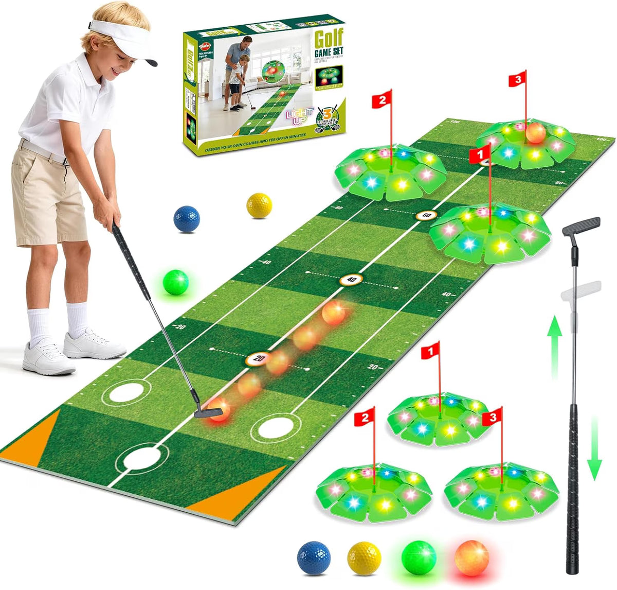 TERRAMUS Kids Golf Toy Set, 6.5ft Putting Mat Adjustable Putter 3 Target Holes 4 High-Visibility Balls Indoor Outdoor Sport Game Gift Kids Age 3+