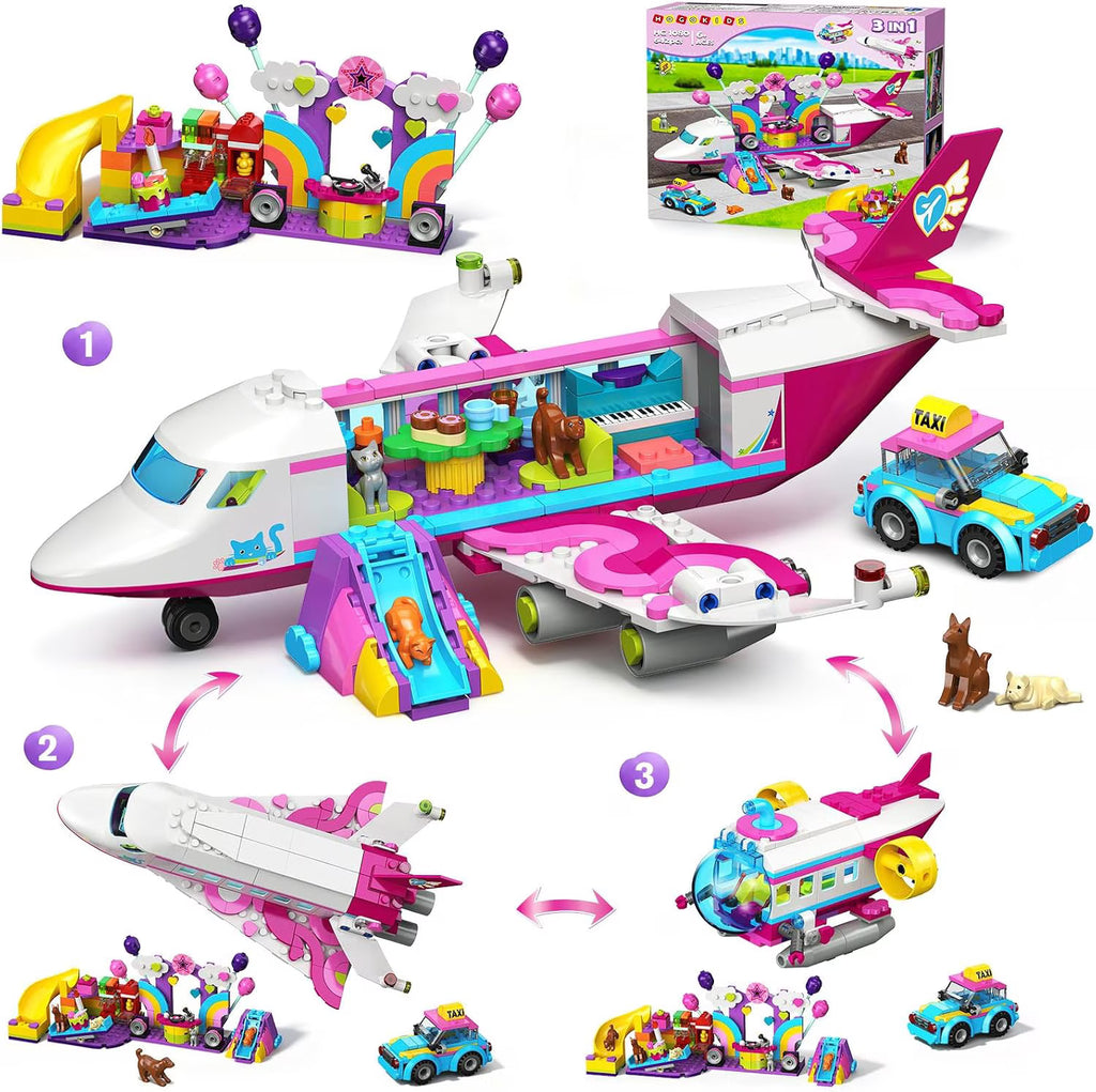 TERRAMUS 3-in-1 Friends Airplane Building Set with LED Light, 642PCS Passenger Plane/Submarine/Space Shuttle Building Toys with Playground, Taxi Car, Slide, STEM Gifts for Kids Girls Boys Ages 6-12+