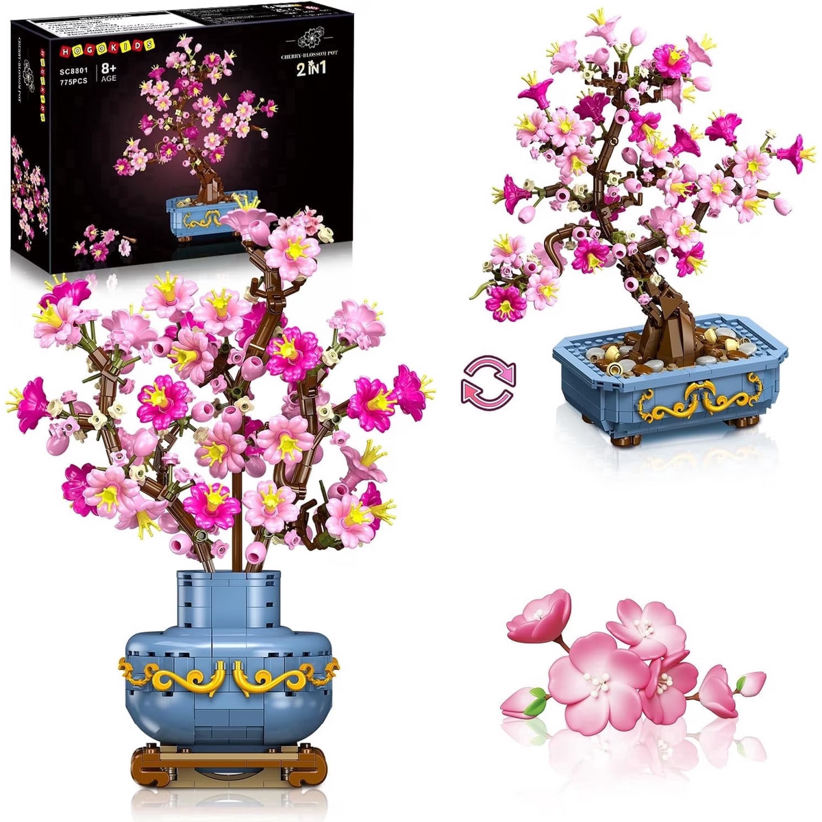 TERRAMUS Cherry Blossom Bonsai Tree Building Set, 2-in-1 Artificial Sakura Tree Building Blocks Kit, 775 Pcs Botanical Plant Model for Home Decor Display Gift for Adults Teens Kids