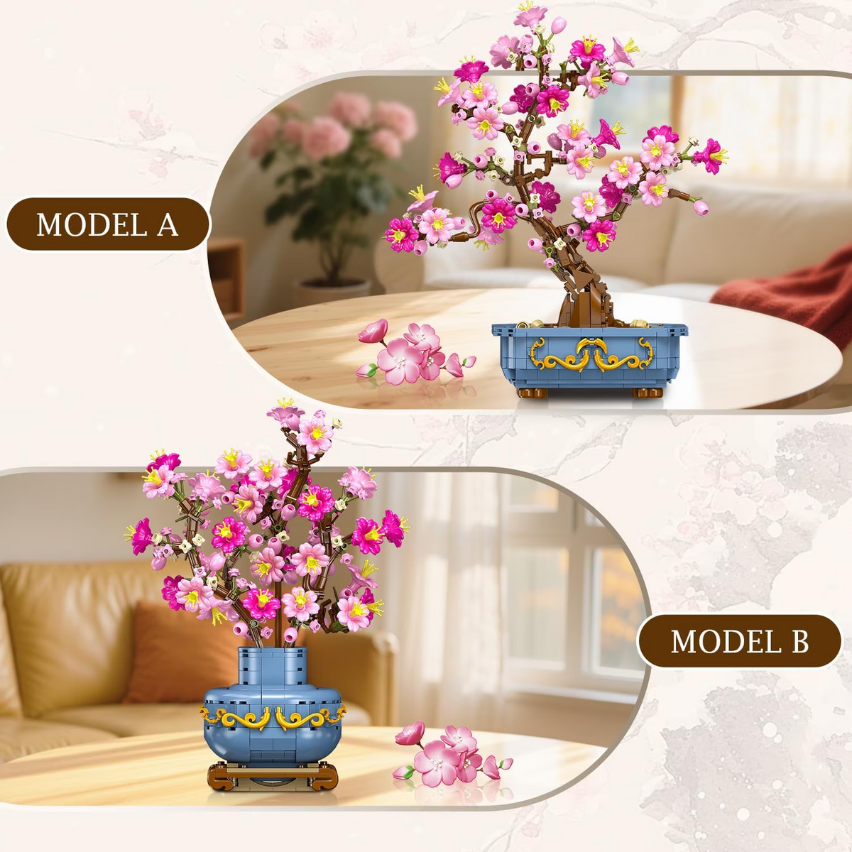 TERRAMUS Cherry Blossom Bonsai Tree Building Set, 2-in-1 Artificial Sakura Tree Building Blocks Kit, 775 Pcs Botanical Plant Model for Home Decor Display Gift for Adults Teens Kids
