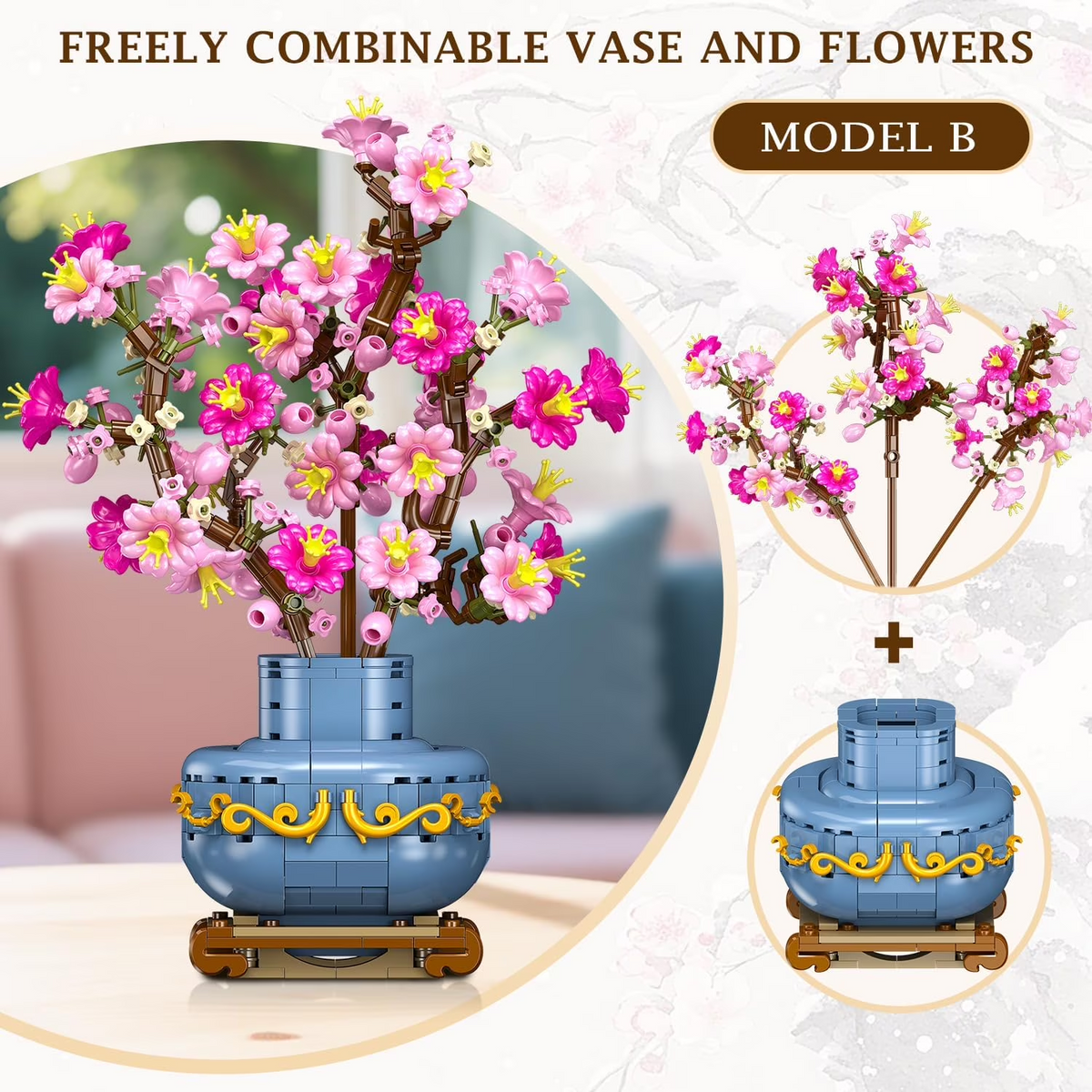 TERRAMUS Cherry Blossom Bonsai Tree Building Set, 2-in-1 Artificial Sakura Tree Building Blocks Kit, 775 Pcs Botanical Plant Model for Home Decor Display Gift for Adults Teens Kids