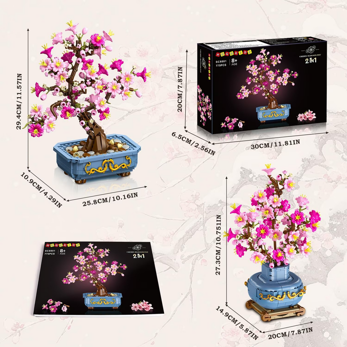 TERRAMUS Cherry Blossom Bonsai Tree Building Set, 2-in-1 Artificial Sakura Tree Building Blocks Kit, 775 Pcs Botanical Plant Model for Home Decor Display Gift for Adults Teens Kids
