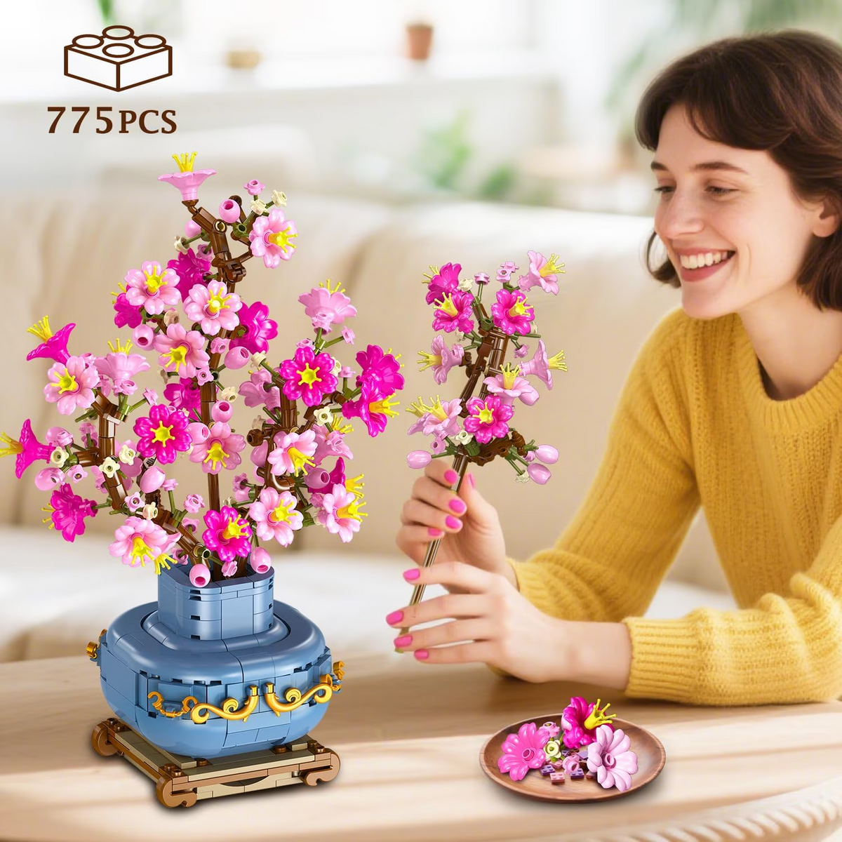 TERRAMUS Cherry Blossom Bonsai Tree Building Set, 2-in-1 Artificial Sakura Tree Building Blocks Kit, 775 Pcs Botanical Plant Model for Home Decor Display Gift for Adults Teens Kids