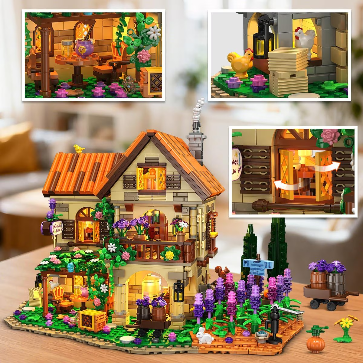 TERRAMUS Lavender Manor House Building Set with Lights, 1960 Pcs Estate Construction Model Home Decor, Romantic Flowers Cottage Building Block Kit Toys for Kids Adults 12+