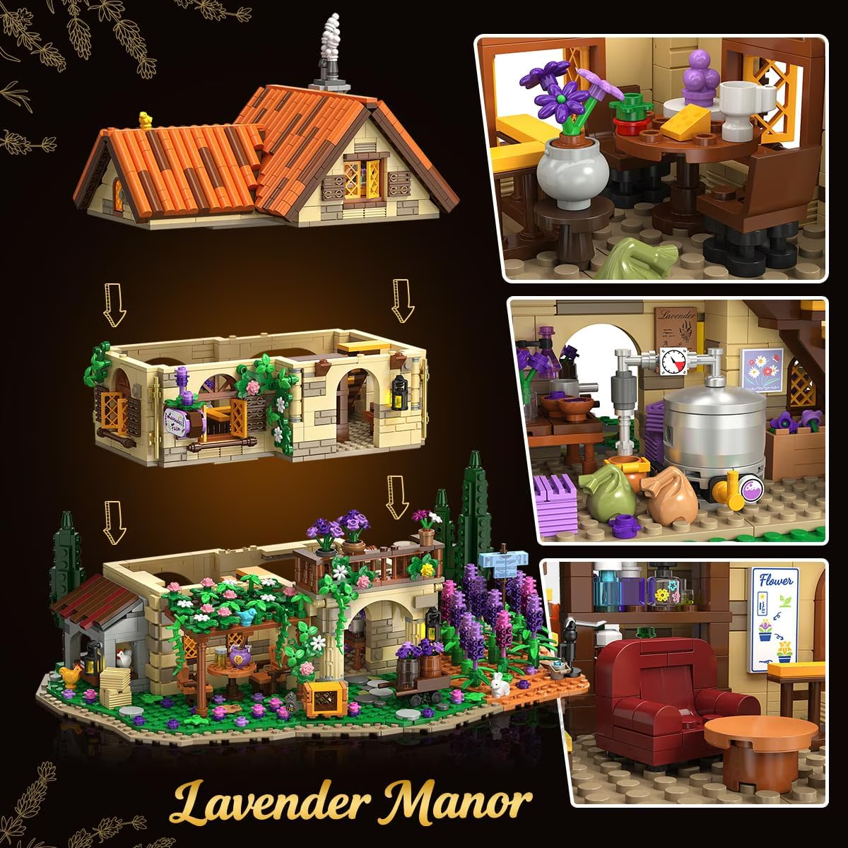 TERRAMUS Lavender Manor House Building Set with Lights, 1960 Pcs Estate Construction Model Home Decor, Romantic Flowers Cottage Building Block Kit Toys for Kids Adults 12+