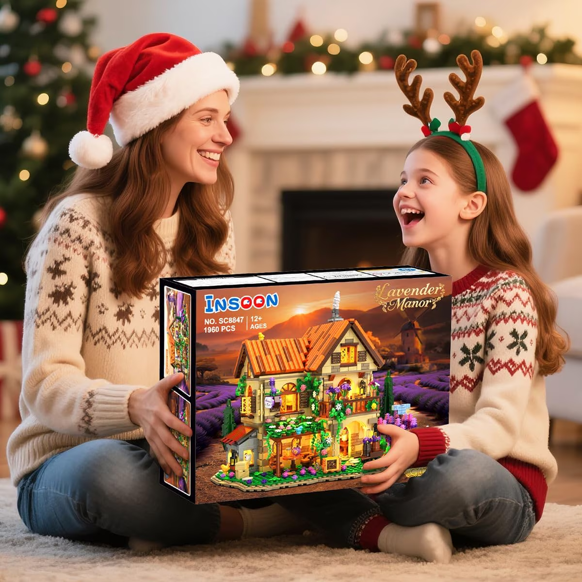TERRAMUS Lavender Manor House Building Set with Lights, 1960 Pcs Estate Construction Model Home Decor, Romantic Flowers Cottage Building Block Kit Toys for Kids Adults 12+