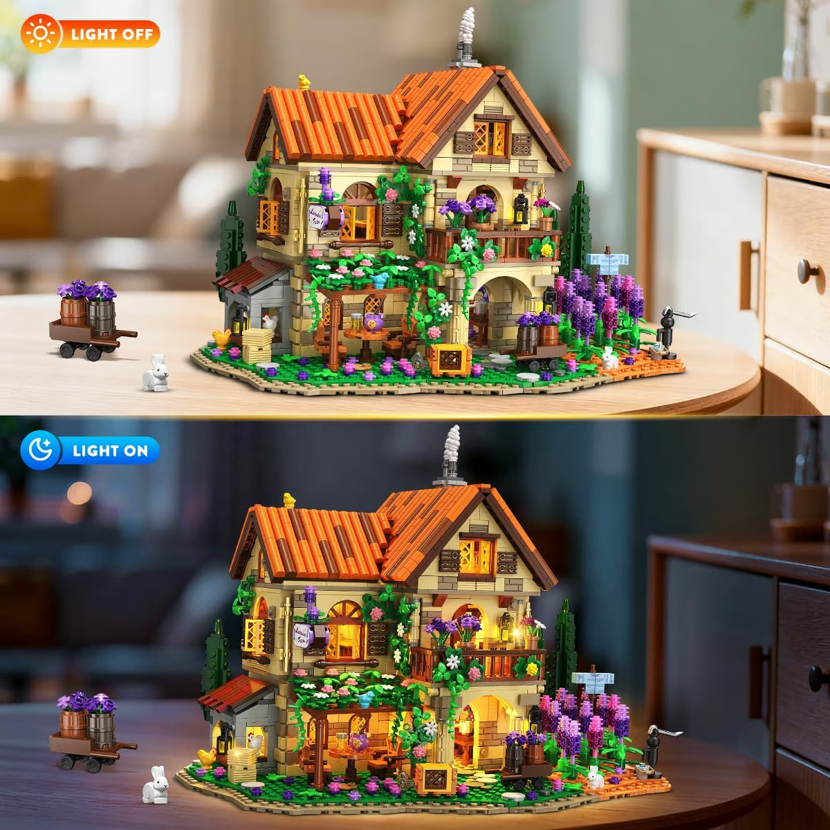 TERRAMUS Lavender Manor House Building Set with Lights, 1960 Pcs Estate Construction Model Home Decor, Romantic Flowers Cottage Building Block Kit Toys for Kids Adults 12+