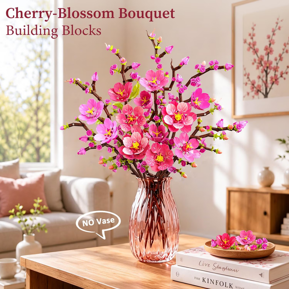 TERRAMUS Cherry Blossom Flower Bouquet Building Set, 1108 Pcs Pink Botanical Collection Plant Blocks Craft Kit for Home Decor Toy for Age 12+