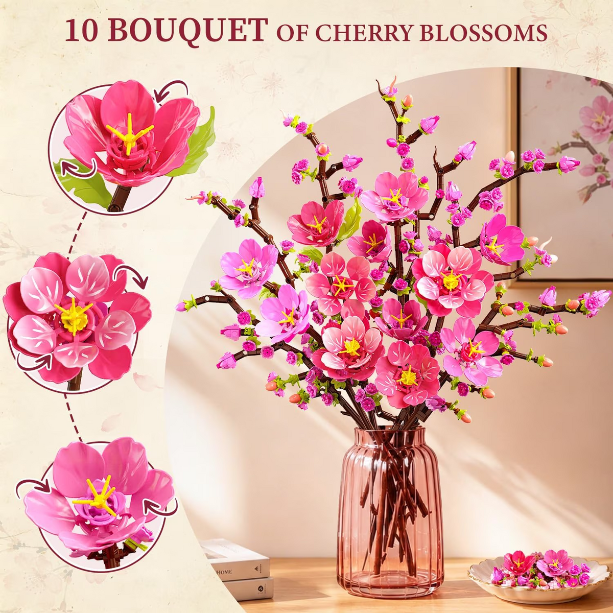 TERRAMUS Cherry Blossom Flower Bouquet Building Set, 1108 Pcs Pink Botanical Collection Plant Blocks Craft Kit for Home Decor Toy for Age 12+
