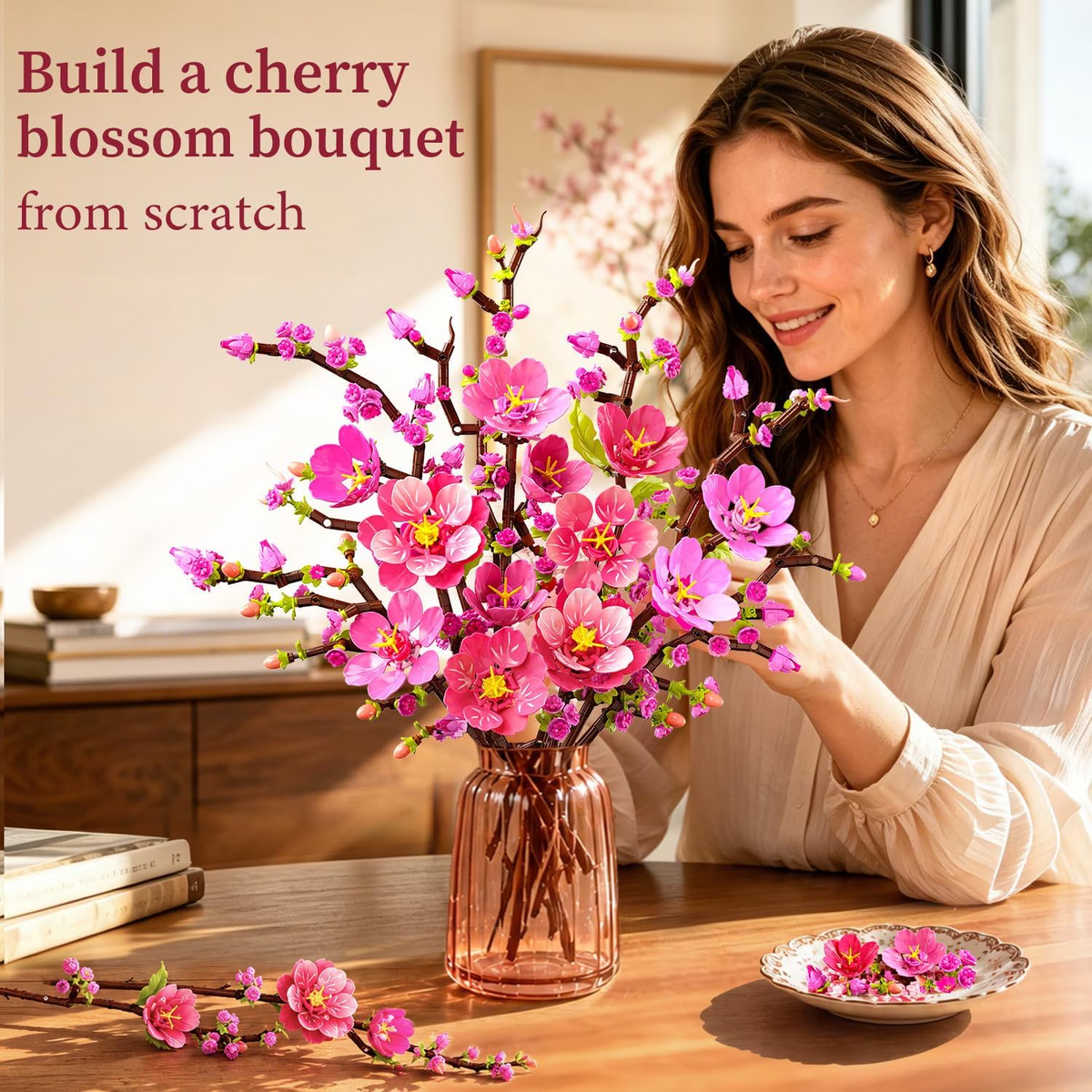TERRAMUS Cherry Blossom Flower Bouquet Building Set, 1108 Pcs Pink Botanical Collection Plant Blocks Craft Kit for Home Decor Toy for Age 12+
