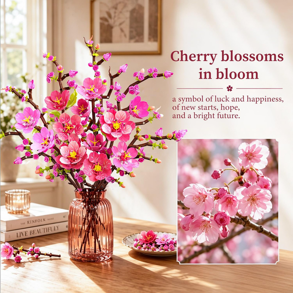 TERRAMUS Cherry Blossom Flower Bouquet Building Set, 1108 Pcs Pink Botanical Collection Plant Blocks Craft Kit for Home Decor Toy for Age 12+