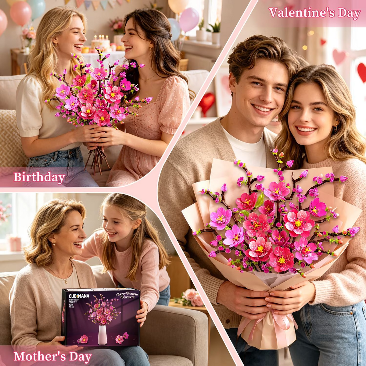 TERRAMUS Cherry Blossom Flower Bouquet Building Set, 1108 Pcs Pink Botanical Collection Plant Blocks Craft Kit for Home Decor Toy for Age 12+