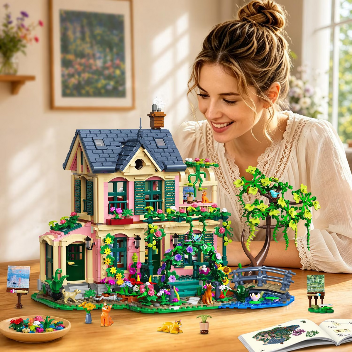TERRAMUS Monet Manor Garden House Building Set, Architectural Cottage Bricks Set with Flower Arch and Bridge Decor Toys for Kids Teens Ages 8+