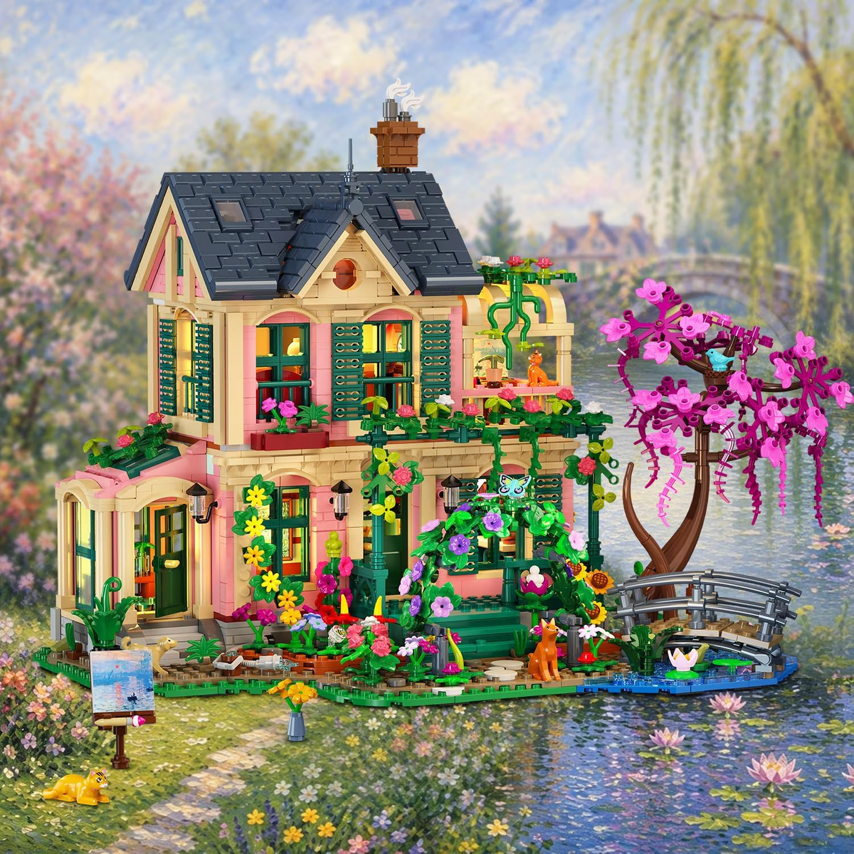 TERRAMUS Monet Manor Garden House Building Set, Architectural Cottage Bricks Set with Flower Arch and Bridge Decor Toys for Kids Teens Ages 8+