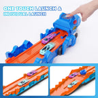 TERRAMUS Dinosaur Transport Truck Toy, 2-in-1 Folding 65-Inch Racing Track Carrier Vehicle with 8 Diecast Cars Toys for Toddlers Kids Age 3+