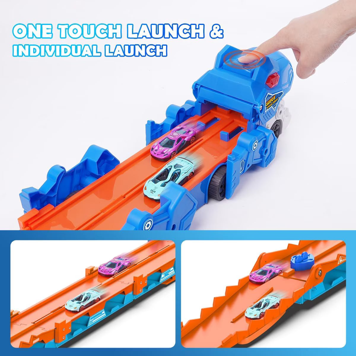 TERRAMUS Dinosaur Transport Truck Toy, 2-in-1 Folding 65-Inch Racing Track Carrier Vehicle with 8 Diecast Cars Toys for Toddlers Kids Age 3+