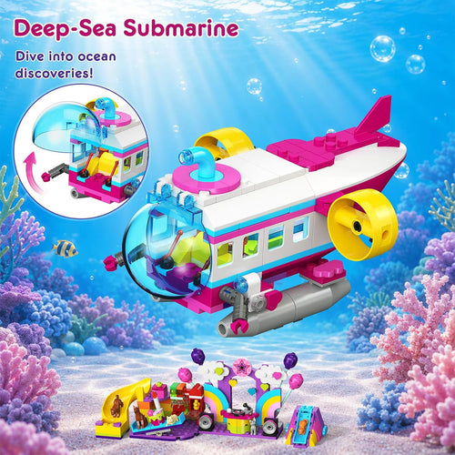 TERRAMUS 3-in-1 Friends Airplane Building Set with LED Light, 642PCS Passenger Plane/Submarine/Space Shuttle Building Toys with Playground, Taxi Car, Slide, STEM Gifts for Kids Girls Boys Ages 6-12+