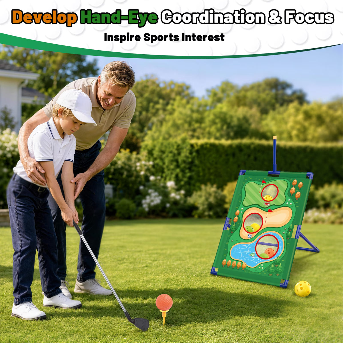 TERRAMUS 3 in 1 Kids Golf Game Set, Outdoor Indoor Golf Chipping Net with Golf Club, Bean Bags & Ring Toss, Sports Toys Gifts Boys Girls Ages 3+