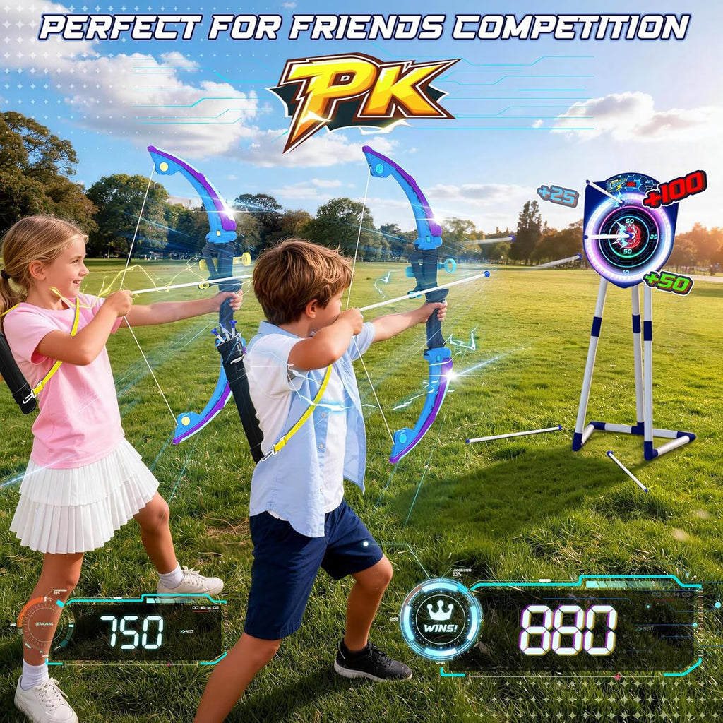 TERRAMUS 2 Pack Light Up Bow and Arrow Set for Kids with Electronic Scoring Target, 10 Suction Cup Arrows, 2 Quivers, Indoor Outdoor Target Game for Boys Girls Ages 5-12