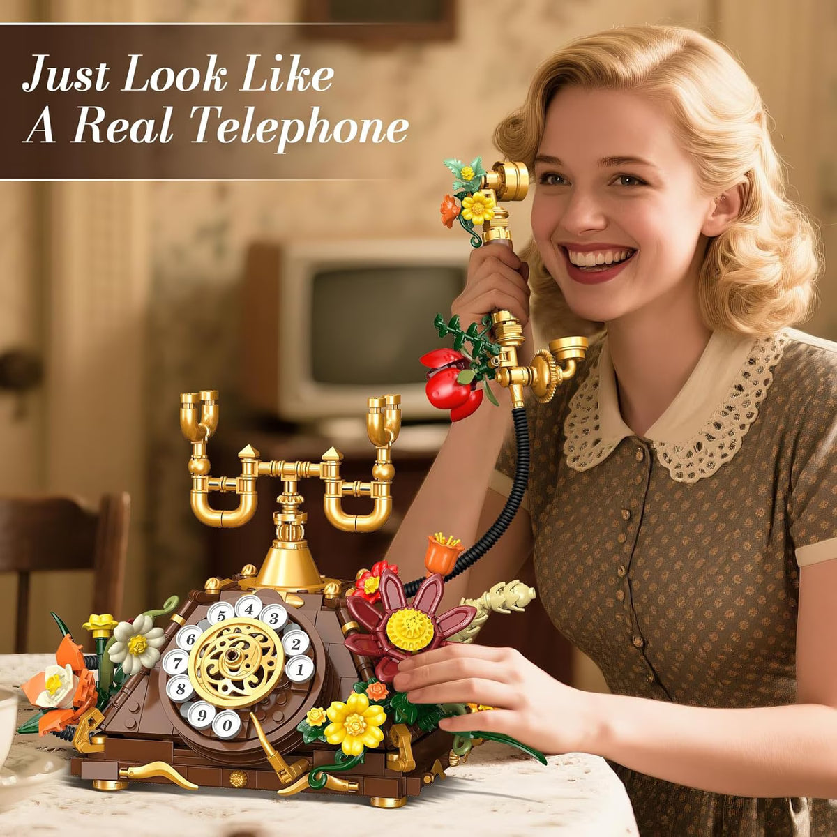TERRAMUS Flowers Retro Telephone Clock Building Set, 2 in 1 Vintage Phone & Flower Clock Model, 882 Pcs Collectible Kit for Home Decor, Gift for Adults, Teens Age 12+