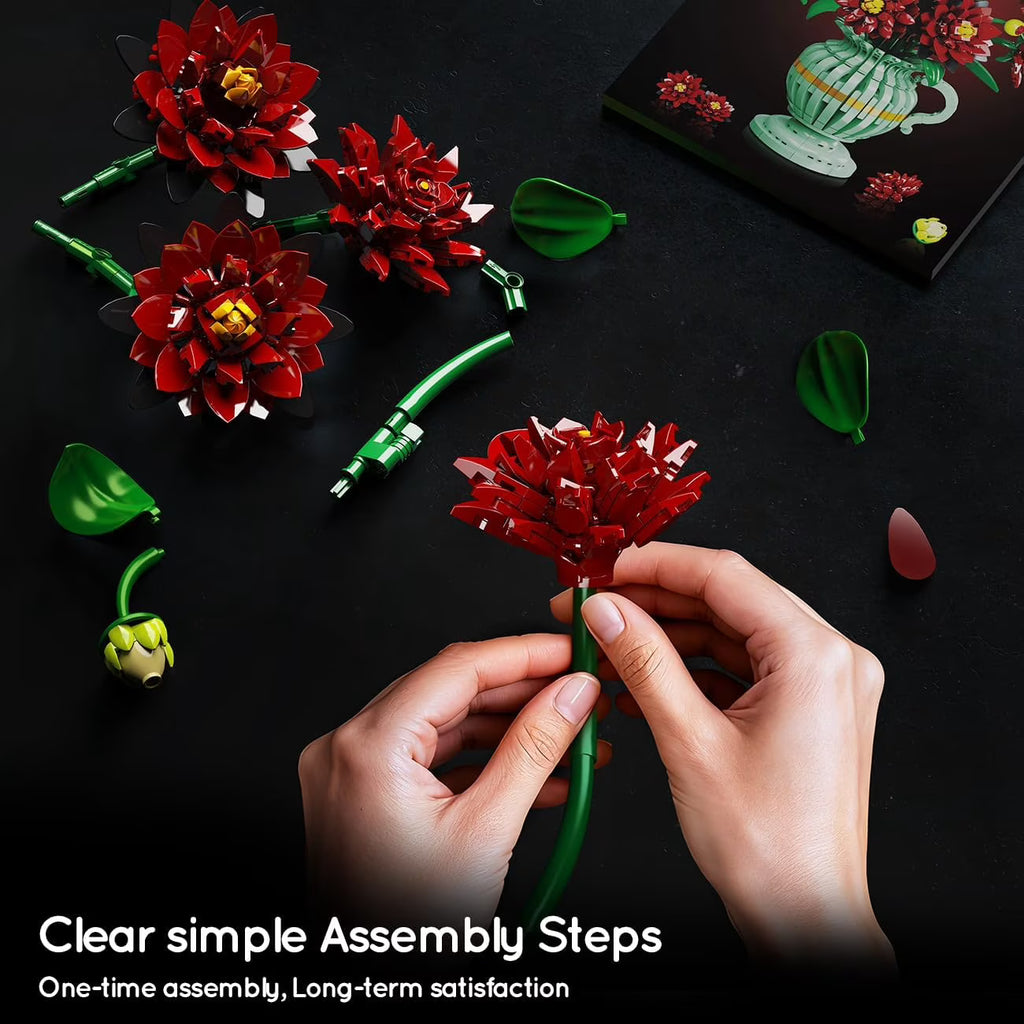 TERRAMUS Dahlia Flower Bouquet Building Set with Vase, 1482 Pcs Flower Bouquet Botanical Collection Building Block, Artificial Plant Bonsai Kit Home Decor Construction Toy for Ages 12+