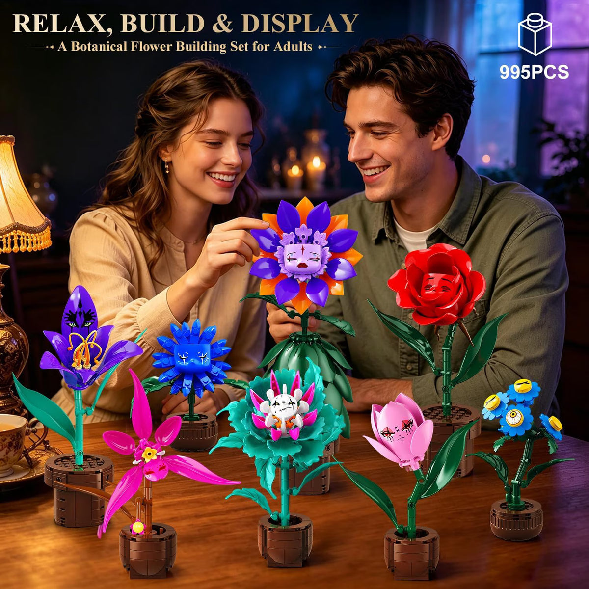 TERRAMUS 8 Pack Fantasy Flower Botanical Building Set, Whimsical Expression Rose Orchid Plant Bricks, Toys for Kids Adults Ages 12+