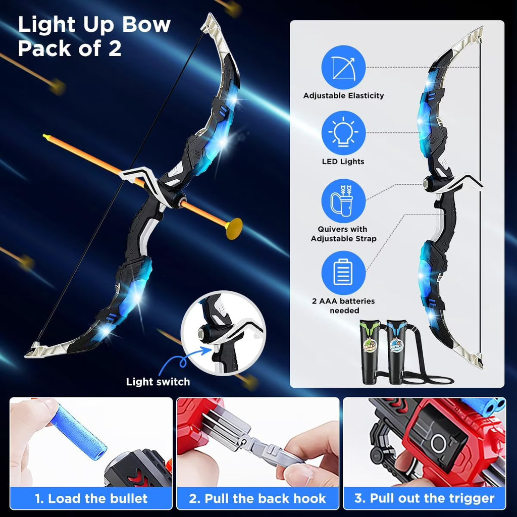 TERRAMUS Kids Archery Target Game Set, 2-Pack Luminescent Active Bows with Pneumatic Launchers Vacuum Suction Arrows Toys for Boys Girls Ages 5-11+
