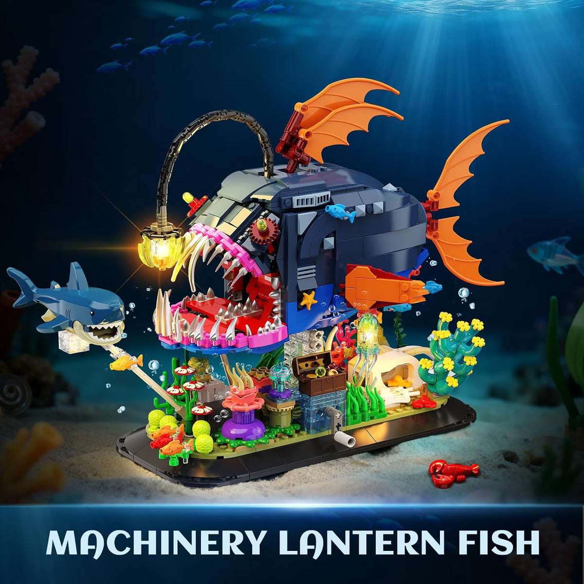 TERRAMUS Mechanical Anglerfish Building Set, 1139 Pcs Deep Sea Lantern Fish Ocean Animal Block Kit with Moving Gear Base Decor Gift Age 12+