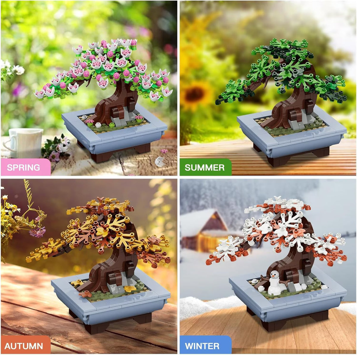 TERRAMUS 4 in 1 Four Seasons Bonsai Tree Building Set, 584 PCS Botanical Collection Cherry Blossom Brick Toy, Desk Decor Gifts Adults Kids 6+