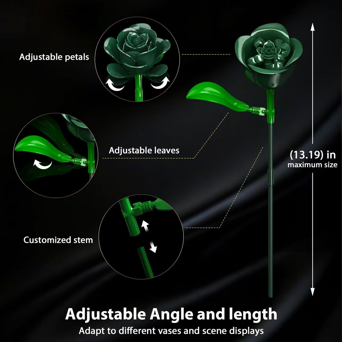TERRAMUS Green Roses Bouquet Building Set with LED Lights,16 Roses & Red Gypsophila Artificial Flowers Botanical Collection Gift for Her Home & Office Decor (523Pcs)