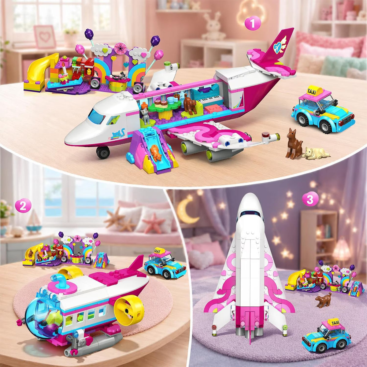 TERRAMUS 3-in-1 Friends Airplane Building Set with LED Light, 642PCS Passenger Plane/Submarine/Space Shuttle Building Toys with Playground, Taxi Car, Slide, STEM Gifts for Kids Girls Boys Ages 6-12+