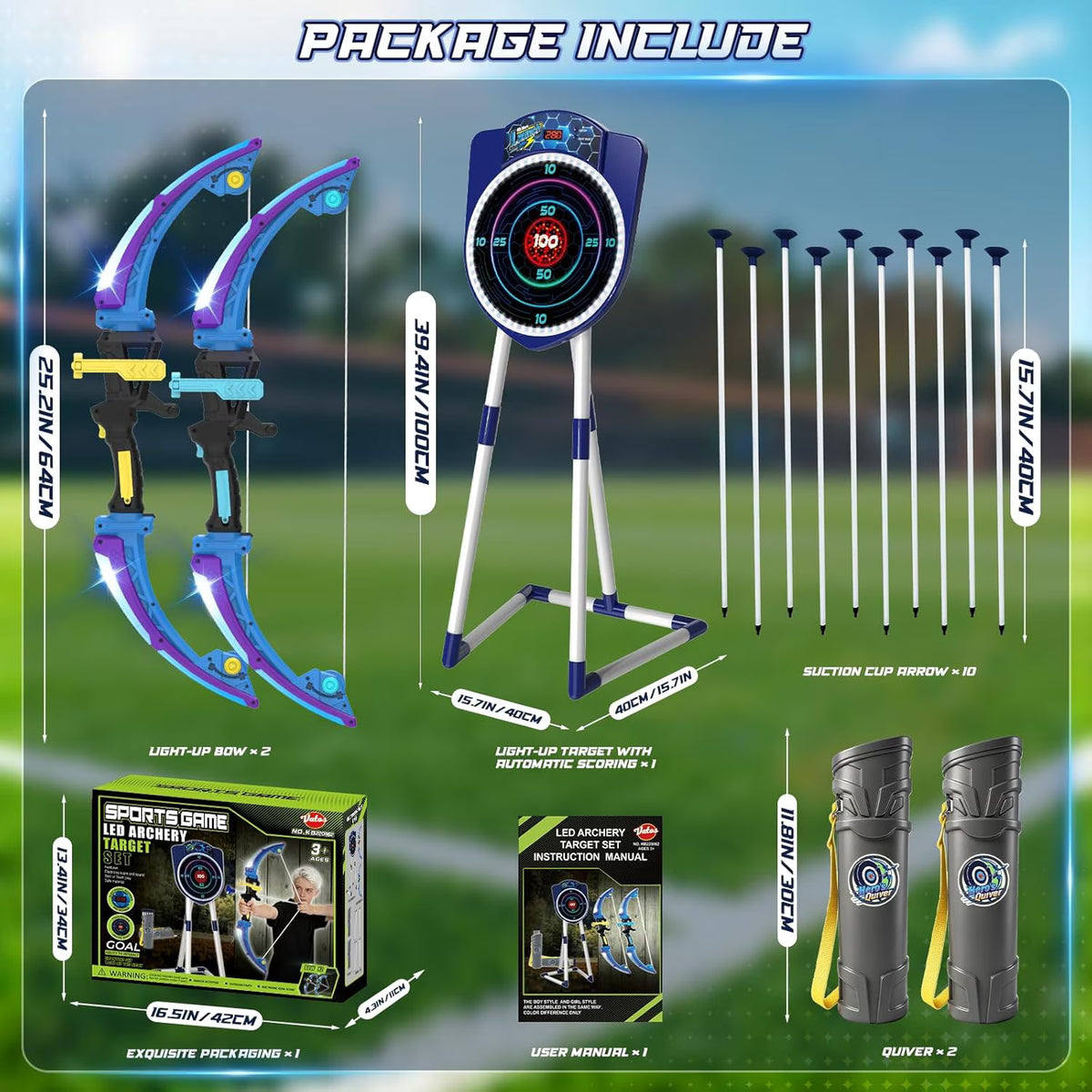 TERRAMUS 2 Pack Light Up Bow and Arrow Set for Kids with Electronic Scoring Target, 10 Suction Cup Arrows, 2 Quivers, Indoor Outdoor Target Game for Boys Girls Ages 5-12