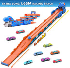 TERRAMUS Dinosaur Transport Truck Toy, 2-in-1 Folding 65-Inch Racing Track Carrier Vehicle with 8 Diecast Cars Toys for Toddlers Kids Age 3+