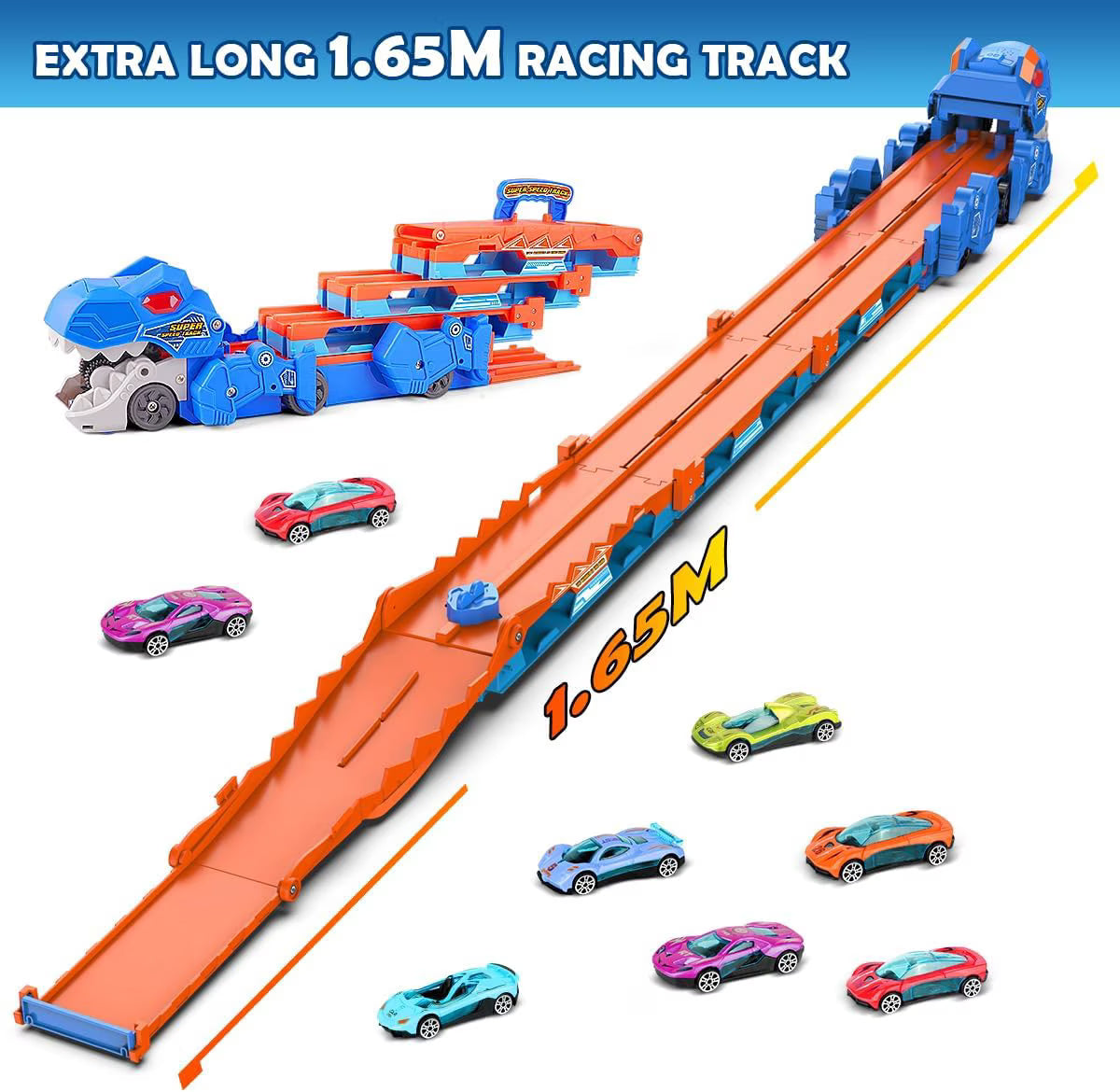 TERRAMUS Dinosaur Transport Truck Toy, 2-in-1 Folding 65-Inch Racing Track Carrier Vehicle with 8 Diecast Cars Toys for Toddlers Kids Age 3+