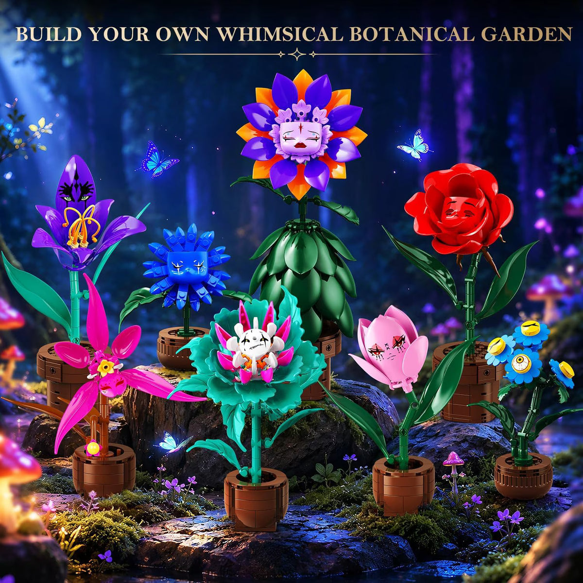TERRAMUS 8 Pack Fantasy Flower Botanical Building Set, Whimsical Expression Rose Orchid Plant Bricks, Toys for Kids Adults Ages 12+