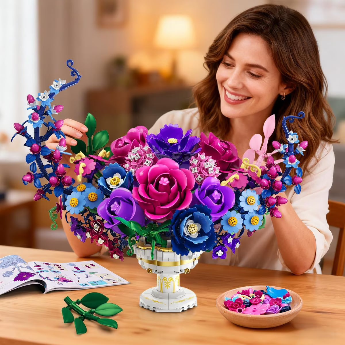TERRAMUS Moon Flower Bouquet Building Set with LED Light, 1274 Pcs Crescent Shape Floral Building Kit, Lunar Flower Home Decor Gifts for Women Adults Ages 12+